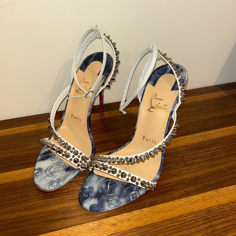 Christian Louboutin Spiked Strappy Heels – Blue White Smoke Print – Size 38”